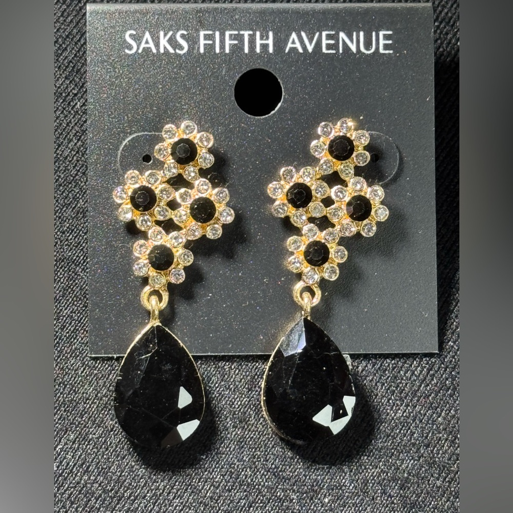 Glamorous Saks Fifth Avenue Red Flower Post With Crystal Teardrop Earrings